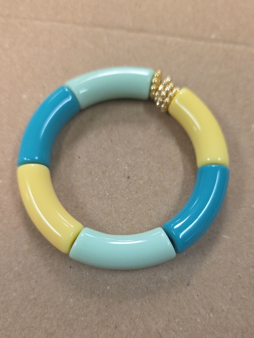 Colorblock Resin Stretch Bracelet in Teal, Mint & Yellow with Gold Accent